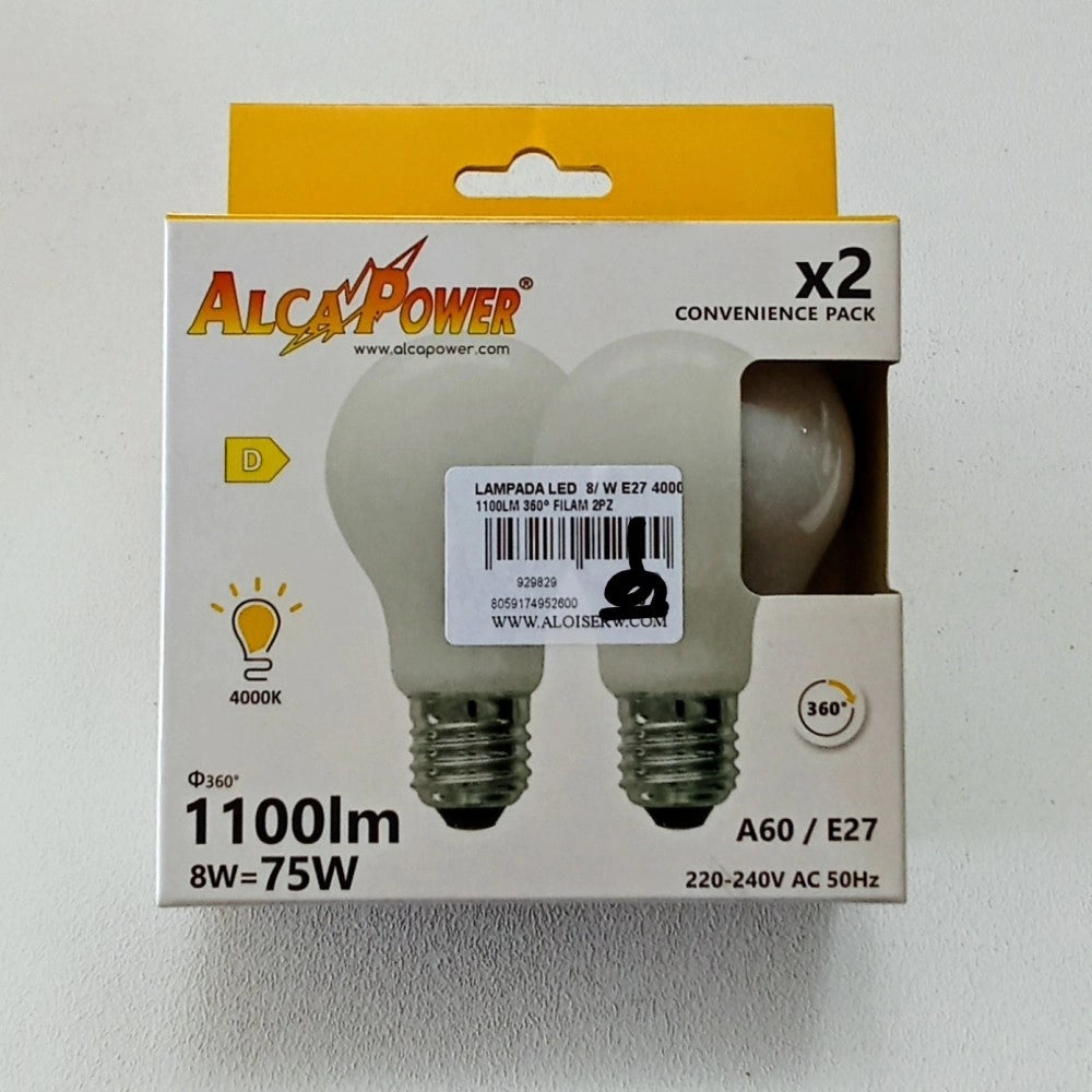 Alca power a60 8w 220v 1100lm 4000k e27 lampada classica a led vetro bianco box da 2pz