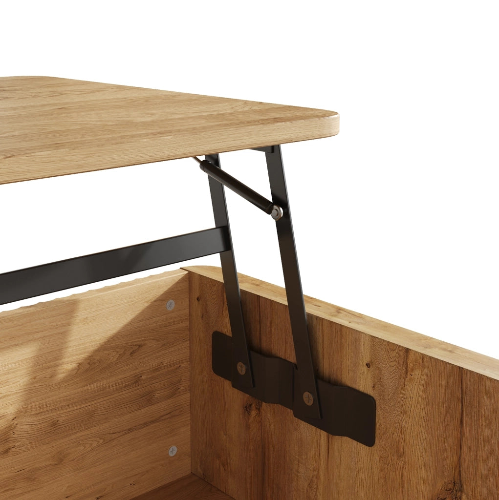 Tavolino da salotto con piano sollevabile 95x48x50 cm in MDF naturale; con vano portaoggetti
