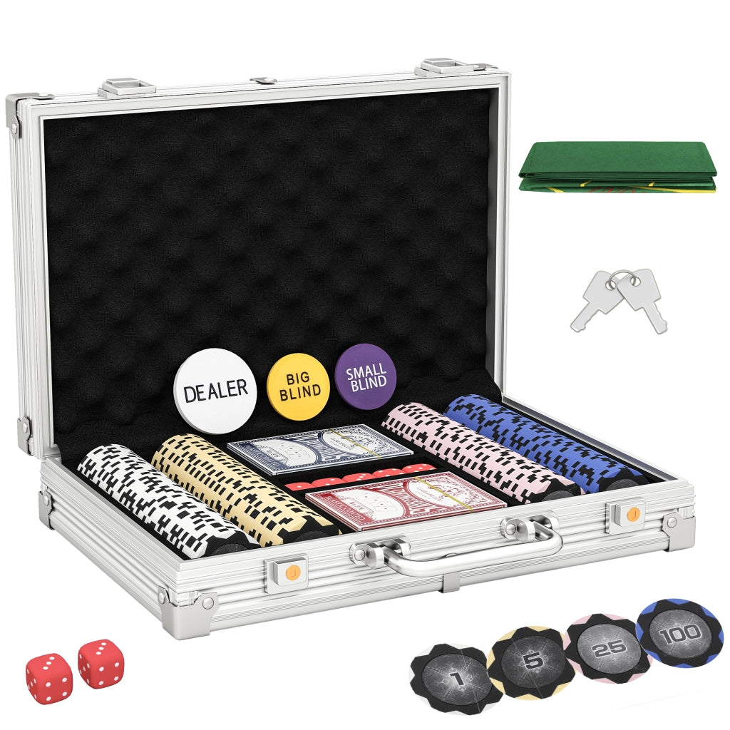 Set di Fiches da Poker in Valigetta ¨C Minimal ¨C con Dadi, Pulsante Dealer, 2 Mazzi di Carte, Colore Argento