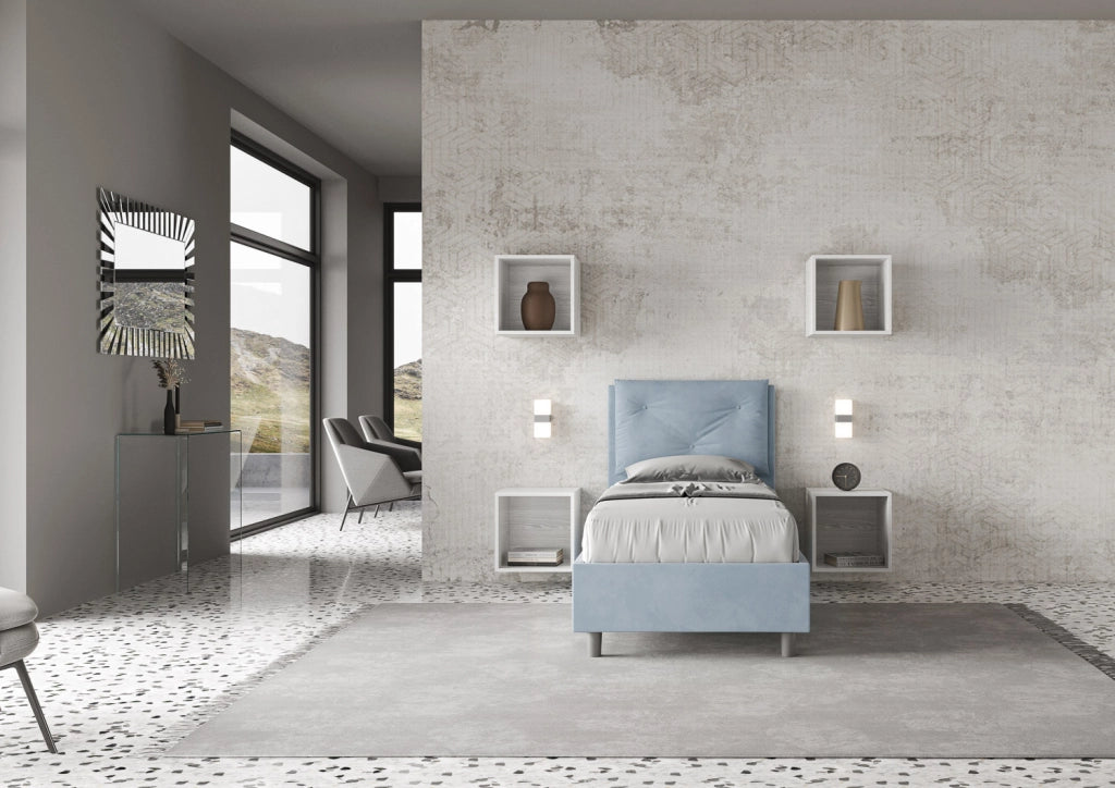 BS COM Letto singolo con rete imbottito 80x210 microfibra azzurro