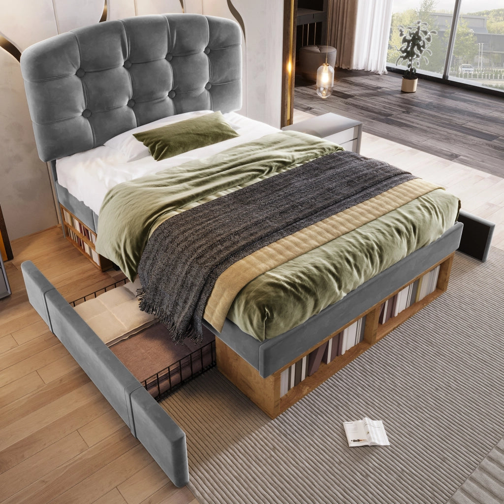 Letto Singolo Imbottito con Cassetti ¨C MINIMAL ¨C Velluto Grigio, 90x200, Testiera Regolabile
