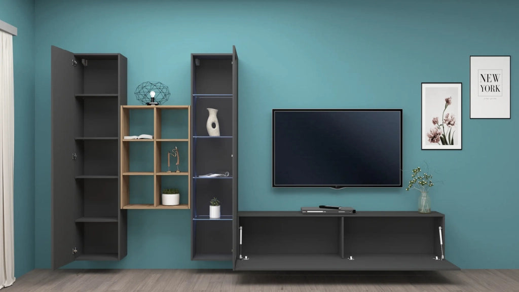 Parete attrezzata antracite moderna vetrina mobile TV libreria legno Rold RT