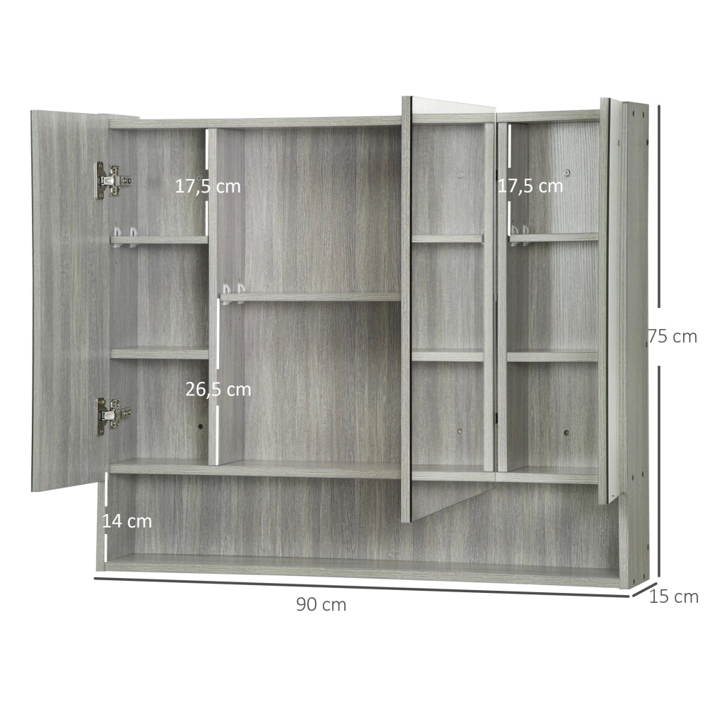 Armadio da bagno con specchio 3 ante ¨C zephmum ¨C grigio 90x15x75cm