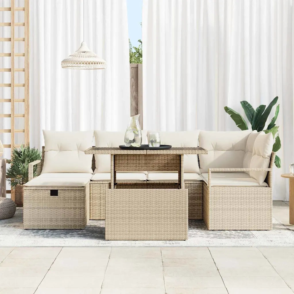 Set Divano da Giardino con cuscino 7 pcs Beige Poly Rattan