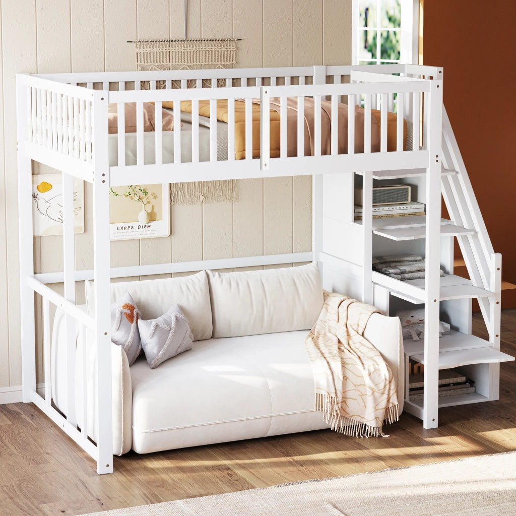Letto a soppalco in pino massello con scala contenitore di sicurezza e recinzione; bianco; 140x200 cm; senza materasso