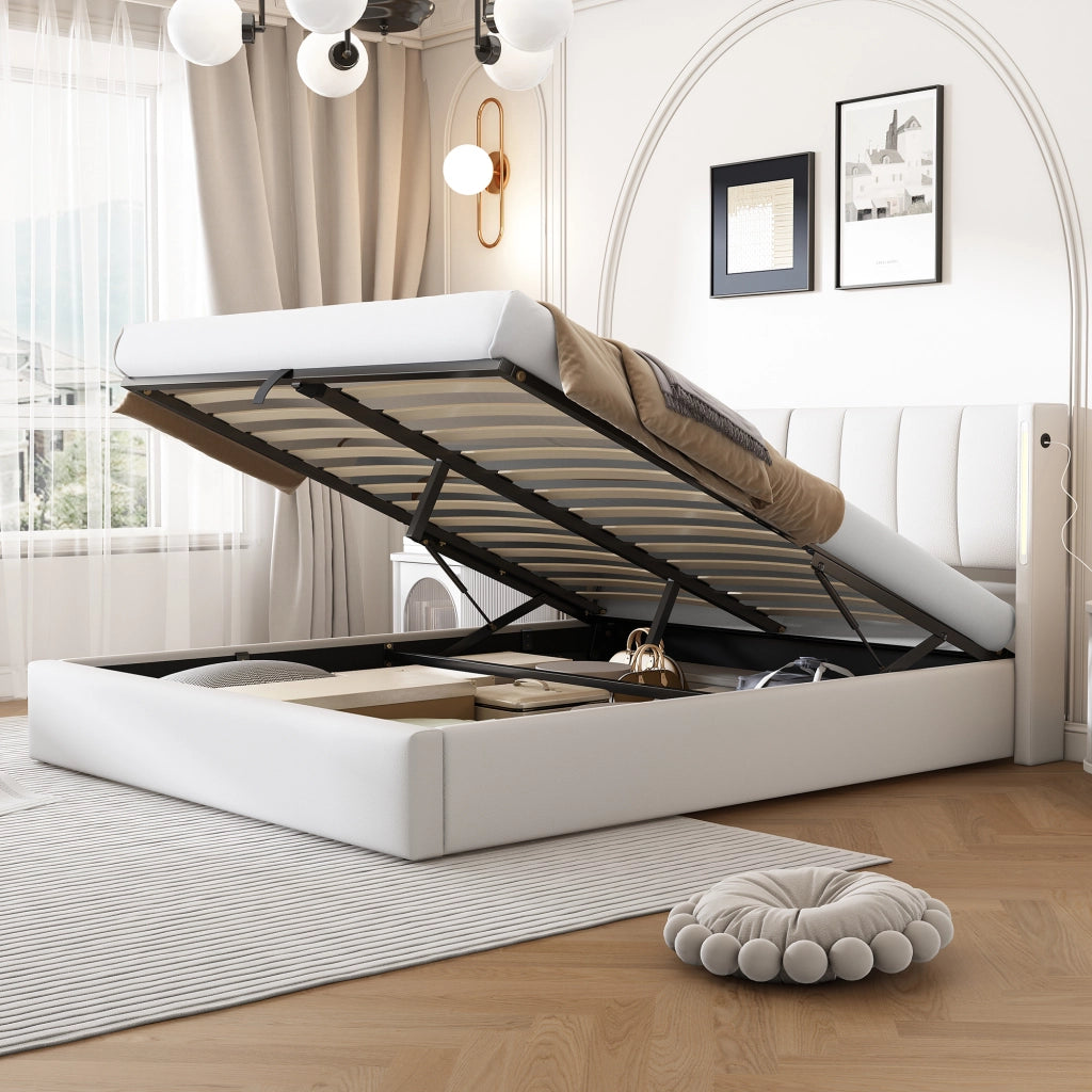 DESMIU Letto contenitore 160 × 200 cm 2 posti con USB, LED, testiera regolabile, senza materasso, in PU bianco