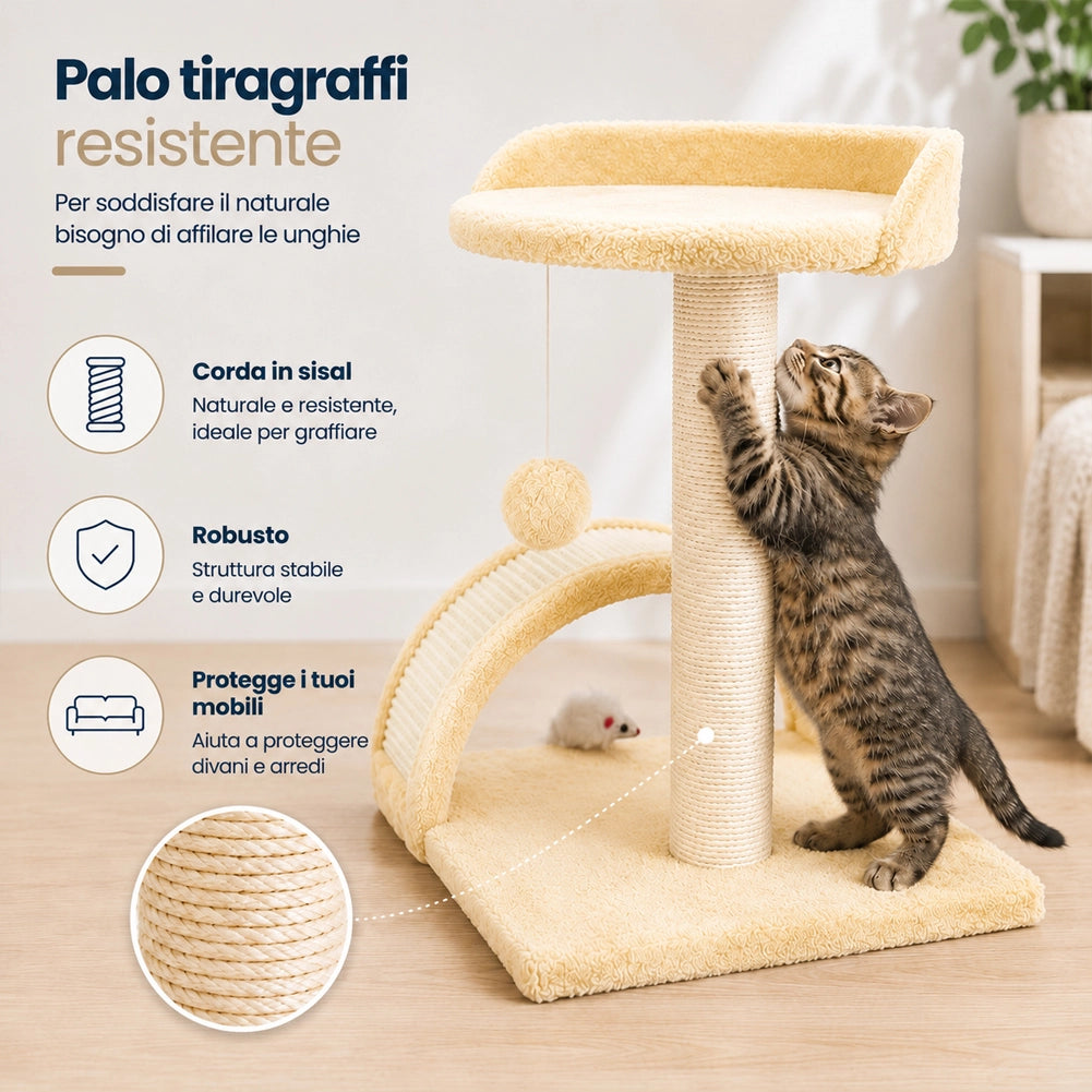 Tiragraffi Per Gatti Beige Con Gioco Pallina Palo 50cm Topolino Tunnel Soffice