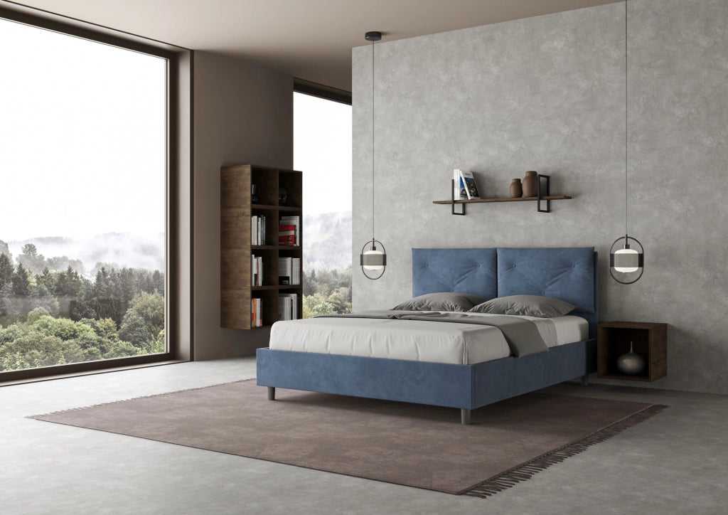 BS COM Letto queen size con rete imbottito 150x190 microfibra blu Large