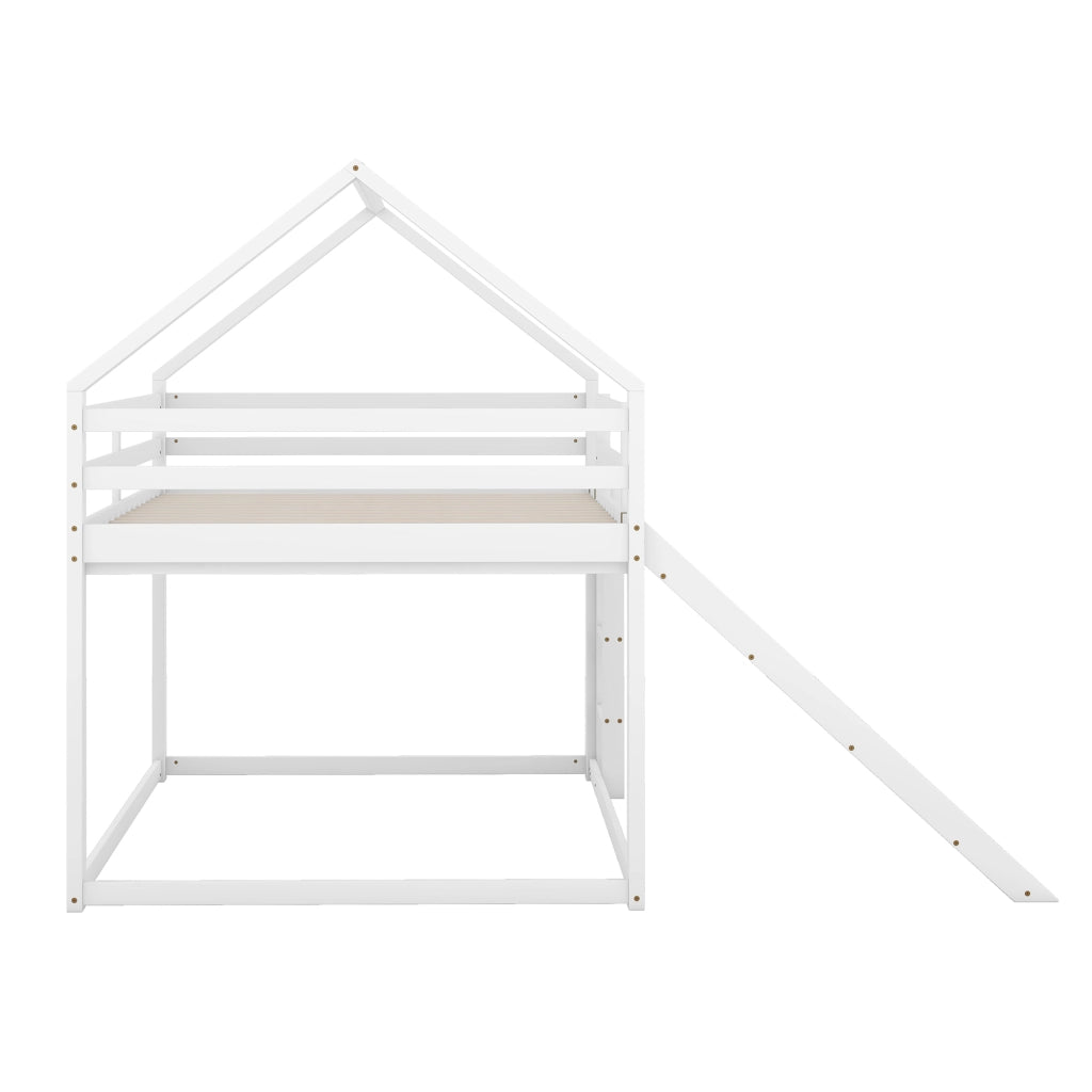 Letto a castello a casetta con scivolo e scala; doghe incluse; pino massello e MDF; bianco; 140x200 cm