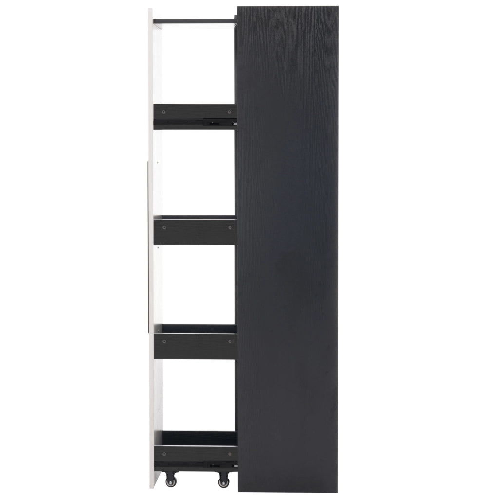 Armadio vetrina 110.5x35x160 cm con LED e ripiano laterale estraibile in MDF e vetro bianco e nero