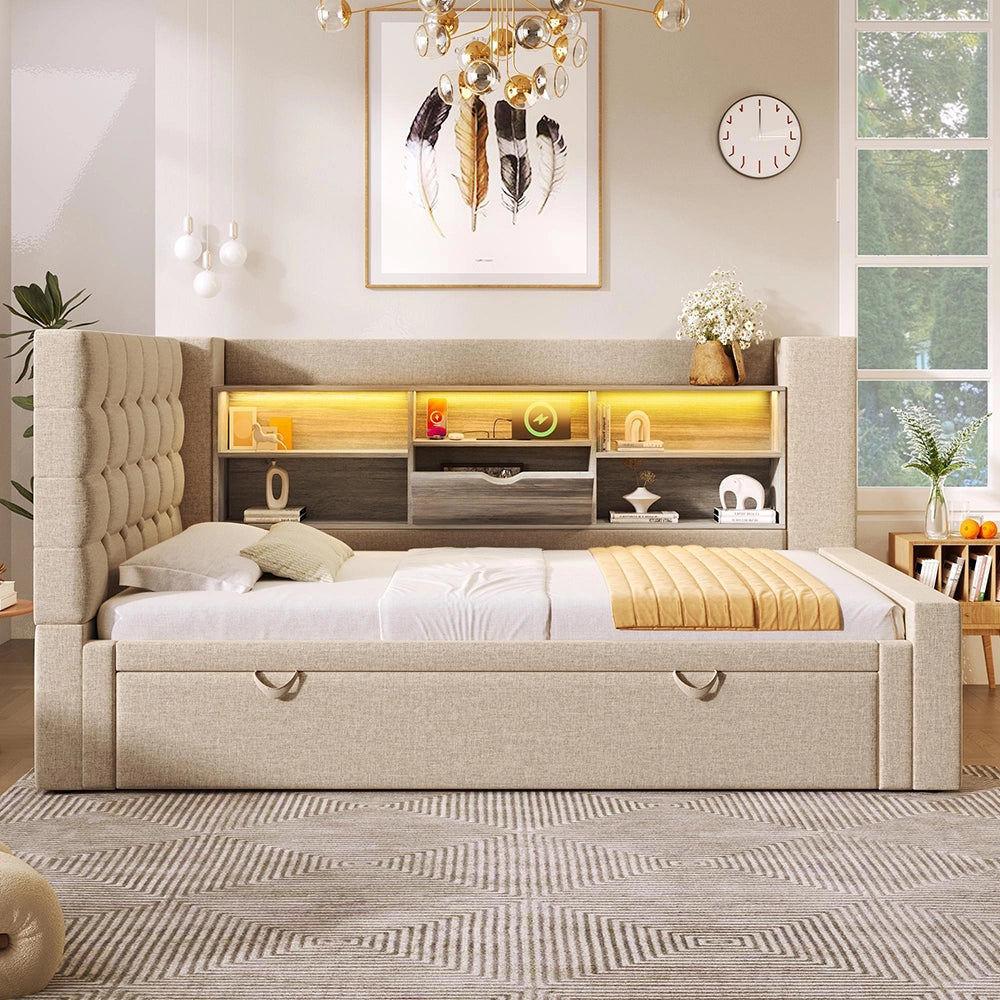 Letto imbottito con letto a scomparsa - Xylo - 90x200 cm - Beige - LED, testiera a L con spazio di archiviazione