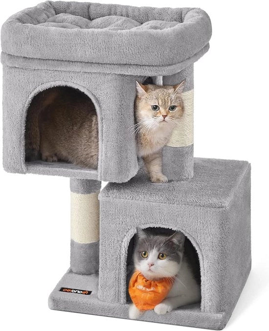 Casa per Gatti in Legno di 67cm - Piattaforma Grande con Paline in Sisal - Colorazione Grigio Chiaro