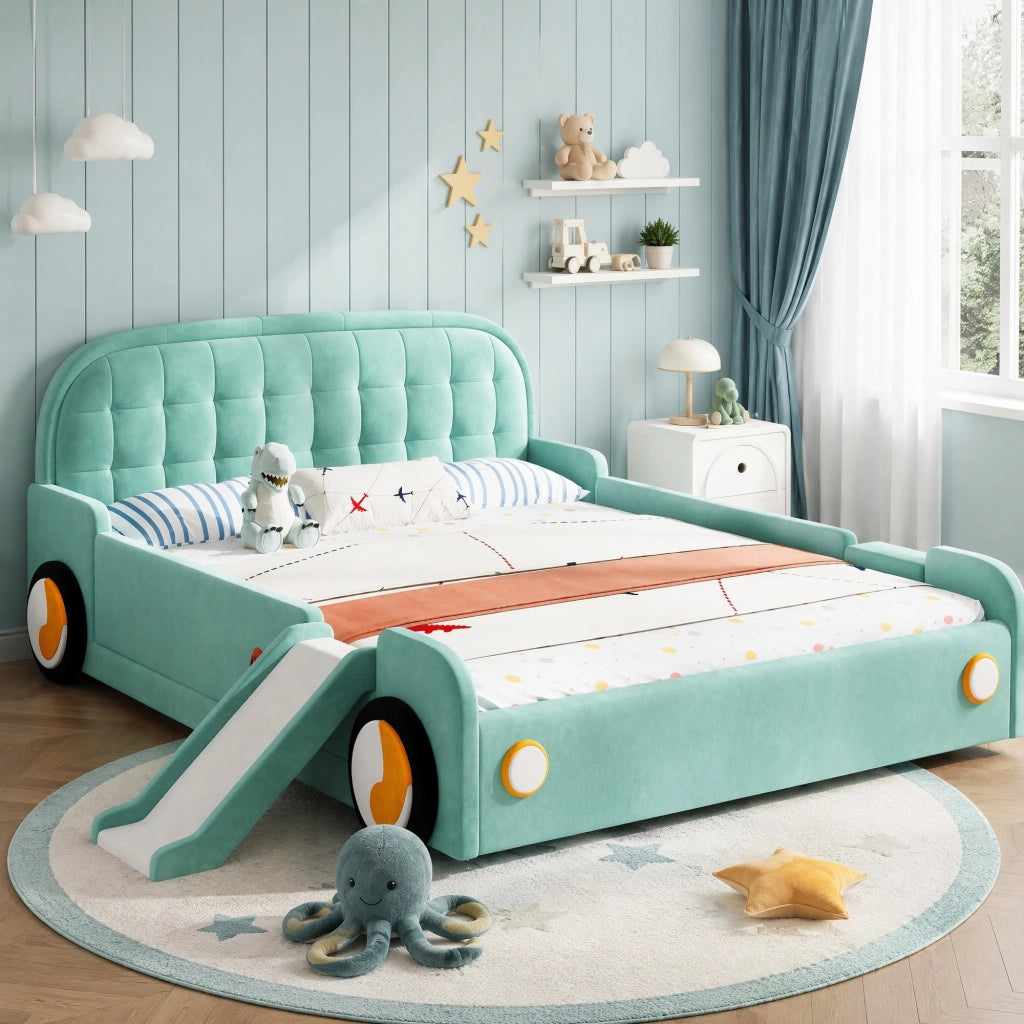 LETTO per bambini a forma di auto con scivolo e scala 140x200 cm velluto blu-verde