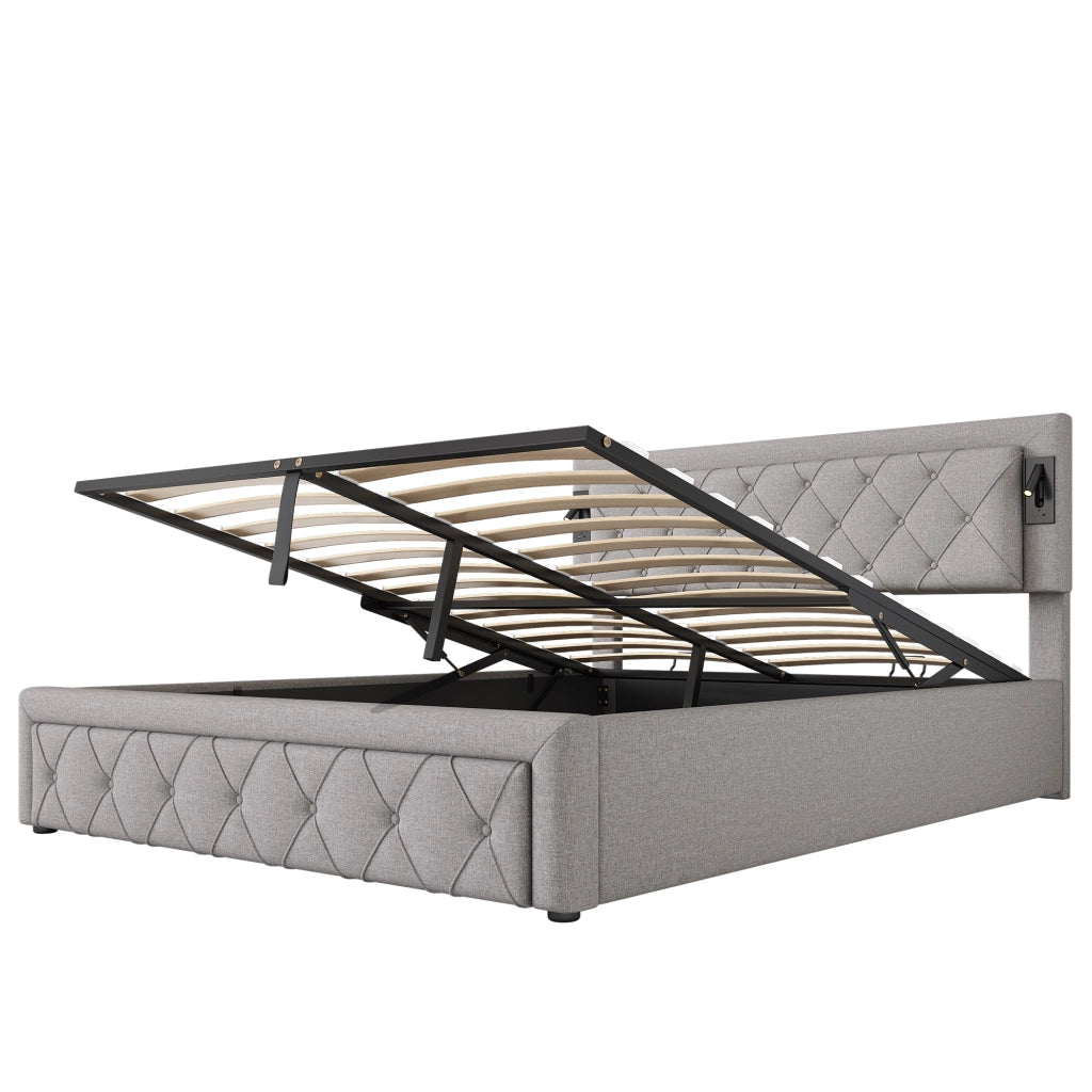 LETTO imbottito 160x200 cm in lino grigio con downlight e porte USB