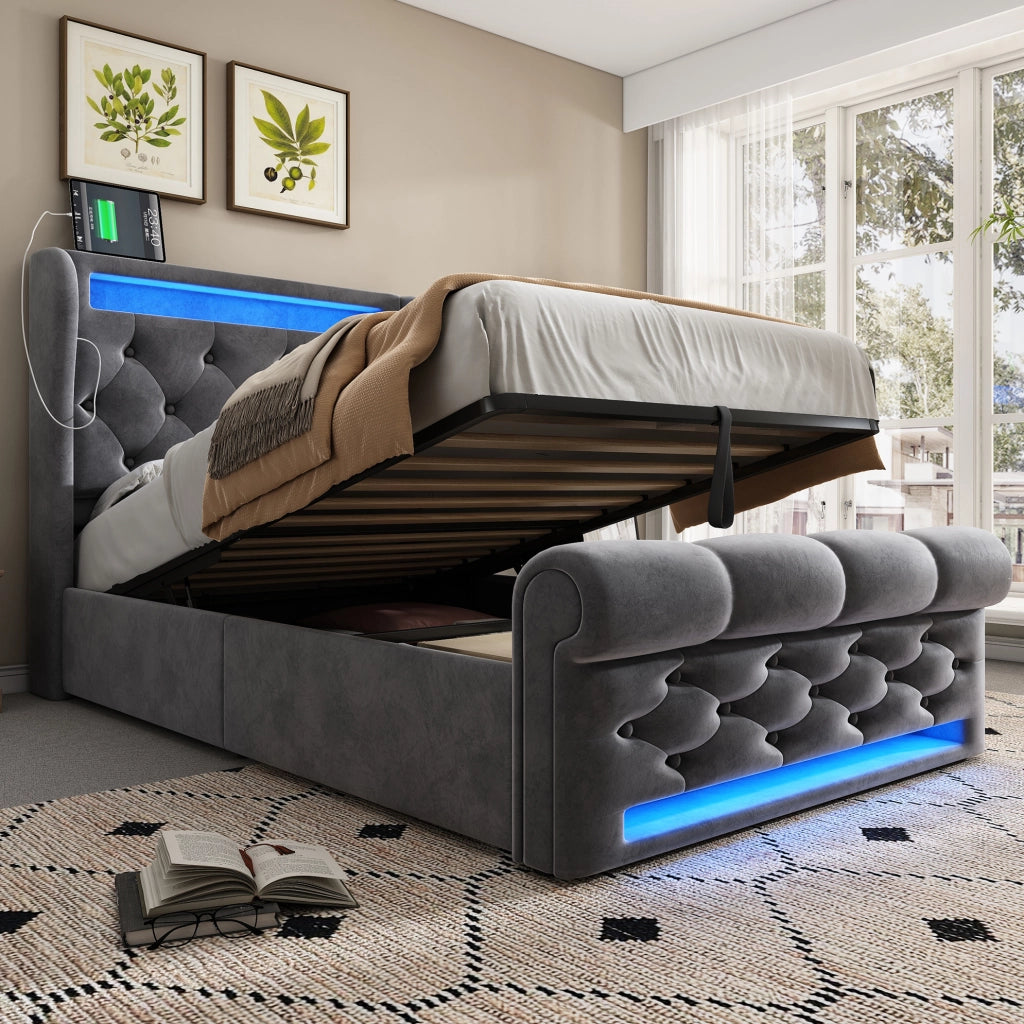 Letto imbottito con contenitore 90x200 cm in velluto grigio; LED integrato; USB e Type-C; con materasso