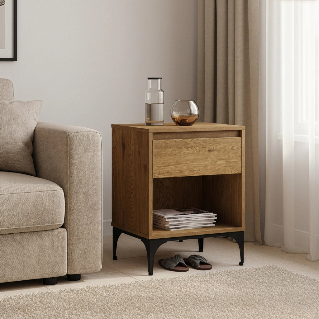 Tavolino Laterale Kistiandi Comodino con Cassetto 62 x 46 x 40 cm - Effetto Rovere Scuro [en.casa]