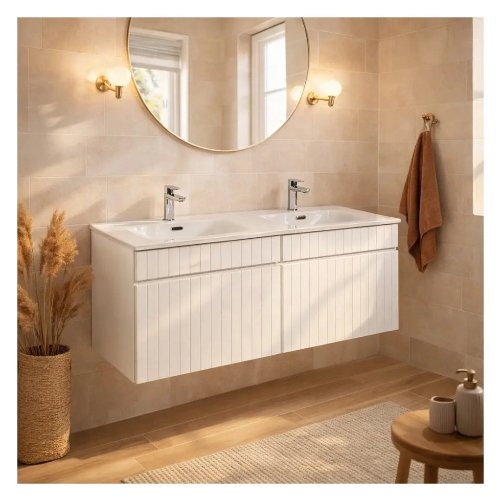 Set ICON bianco: mobili sotto lavabo 120cm + doppio lavabo incassato in ceramica bianca