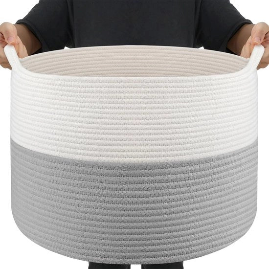 Mansarda grande, Wascio intrecciato, Organizzatore coperte, Cestino giochi con maniglie, Grande cesta di archiviazione, Coperte, Cuscini, Orsetti, Abiti, Giochi, 50 x 33 cm, Bianco Grigio.