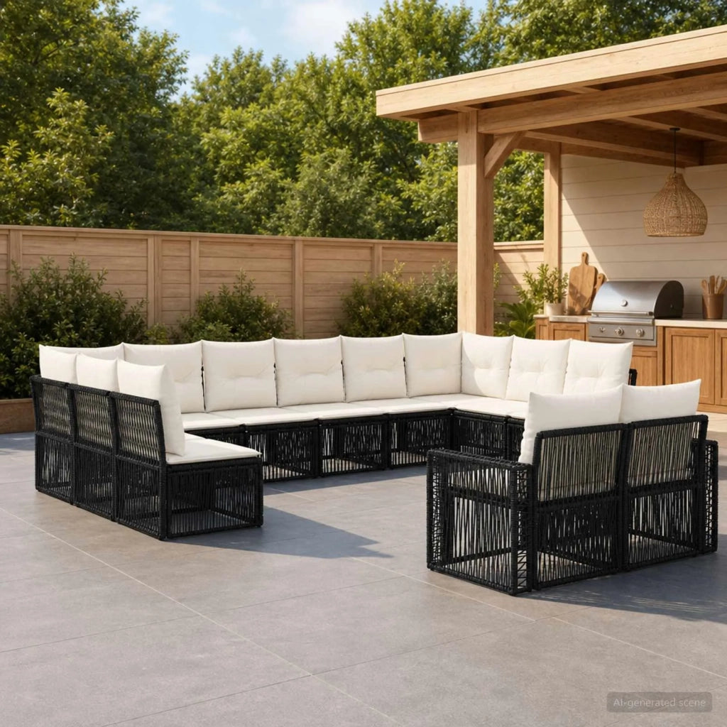 Set Divano da Giardino 12 pz Nero e Bianco Crema polyrattan 3435268