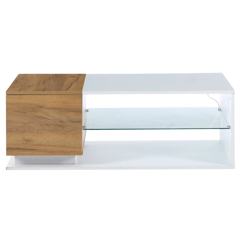 Tavolino da salotto LED con vano contenitore 105x50x36 cm in truciolare e vetro temperato; bianco e rovere
