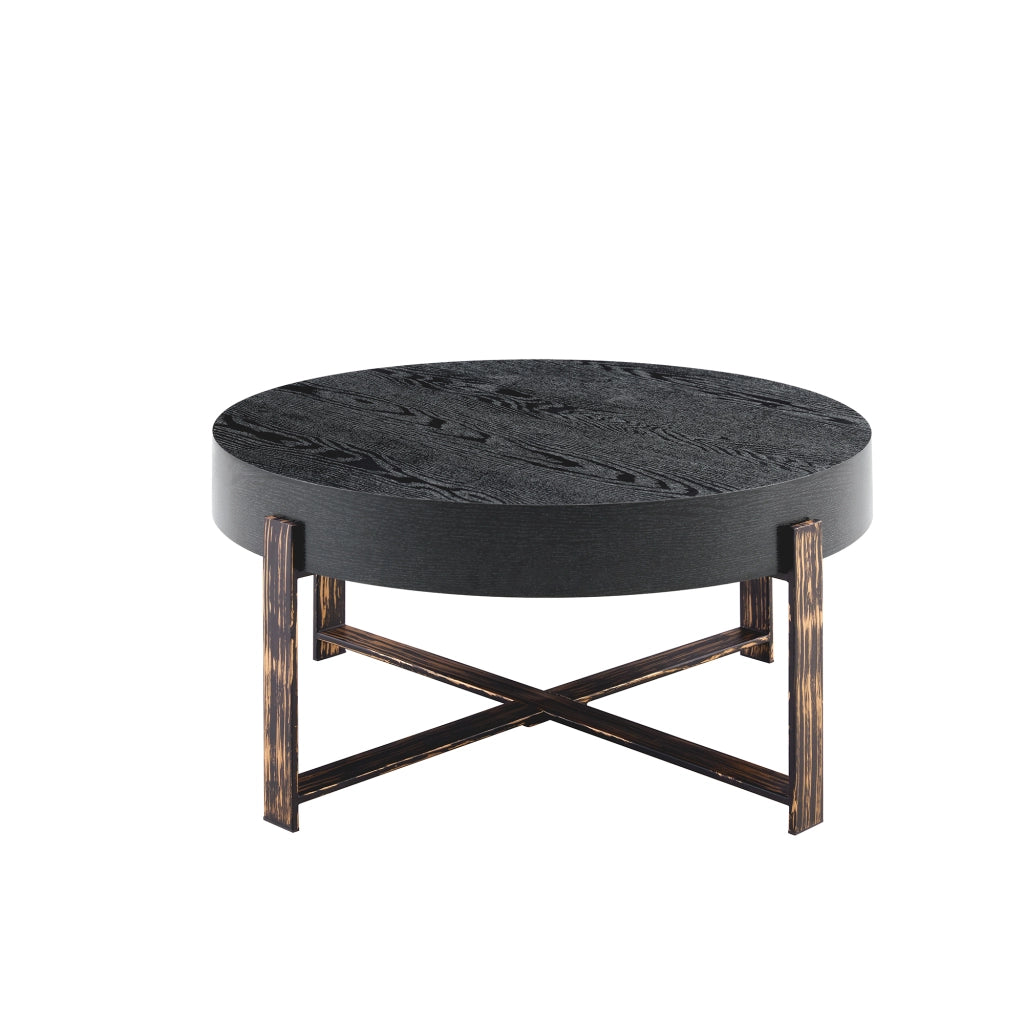 Tavolino rotondo da salotto 68 cm in stile industriale vintage, piano MDF nero effetto legno e base in metallo