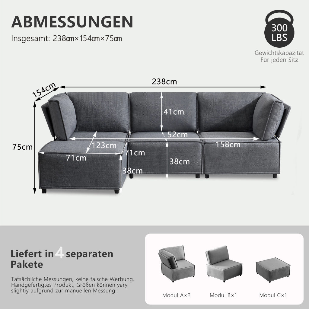 Divano modulare componibile con funzione letto e configurazione flessibile per soggiorno in tessuto grigio scuro