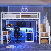 Letto a soppalco 90x200 cm con scrivania, LED e USB, struttura in metallo bianca