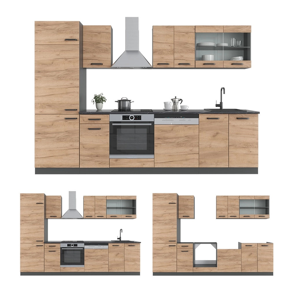 Cucina componibile R-Line Rovere dorato/Antracite 300 cm senza piano di lavoro Vicco