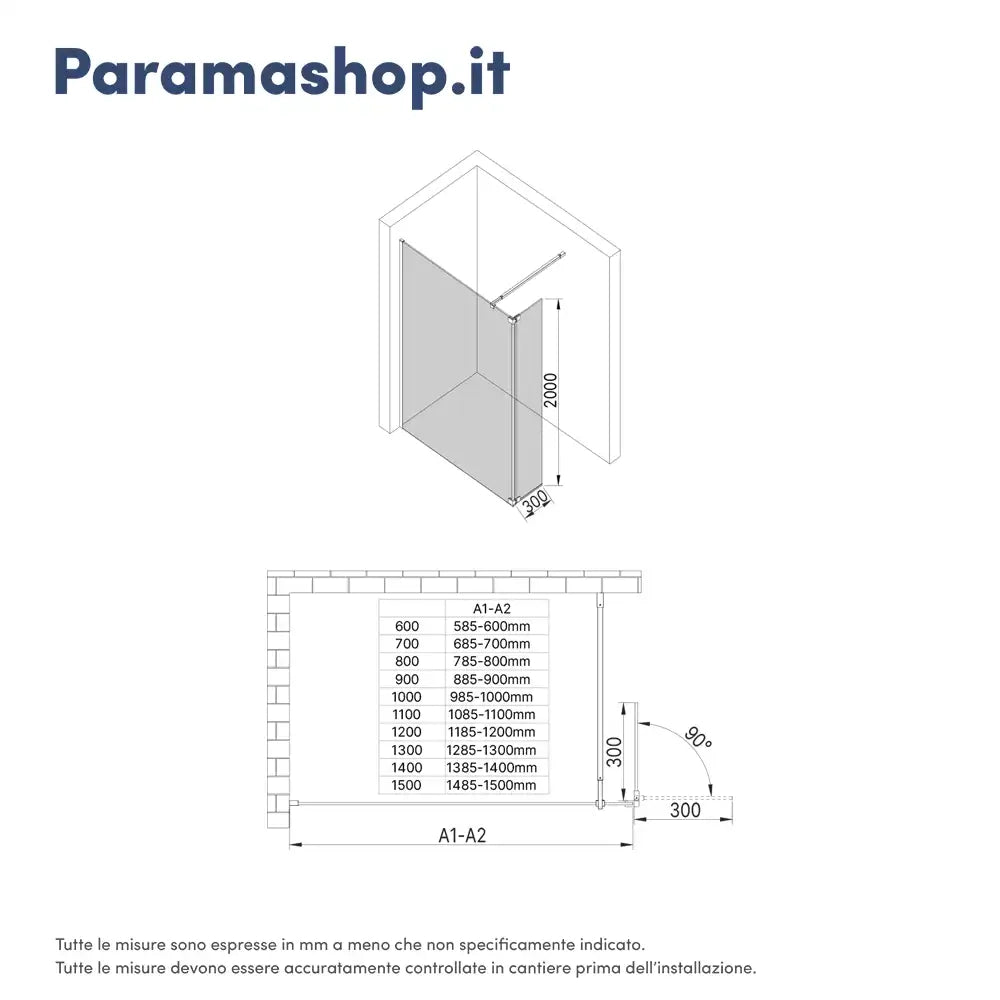 Doccia walk-in 100cm + anta 30cm vetro temperato anticalcare 10mm trasparente profili cromo | Naxos