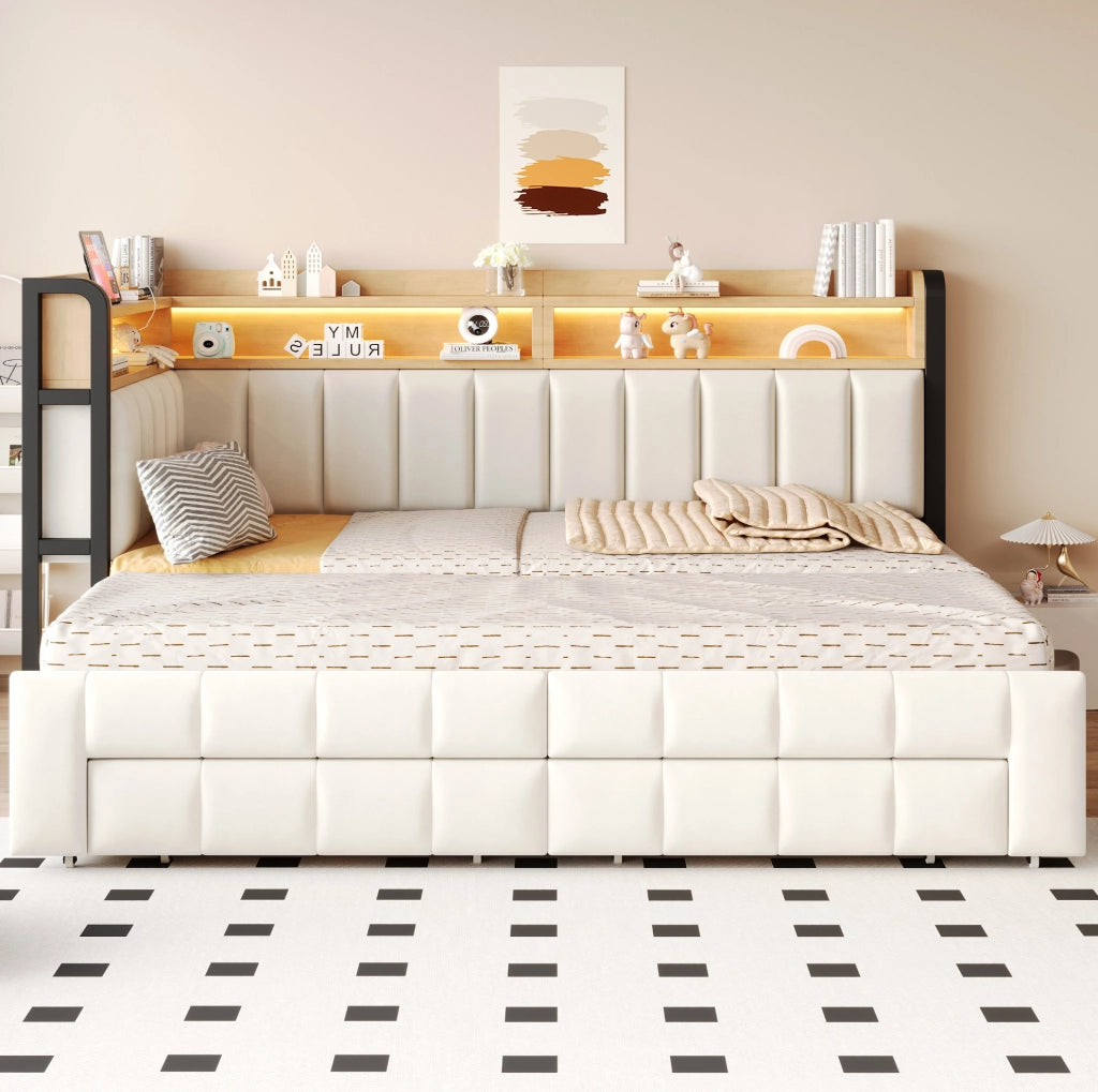 Divano letto imbottito 90/180x200 cm in velluto beige con LED; USB; Type-C e cassetti