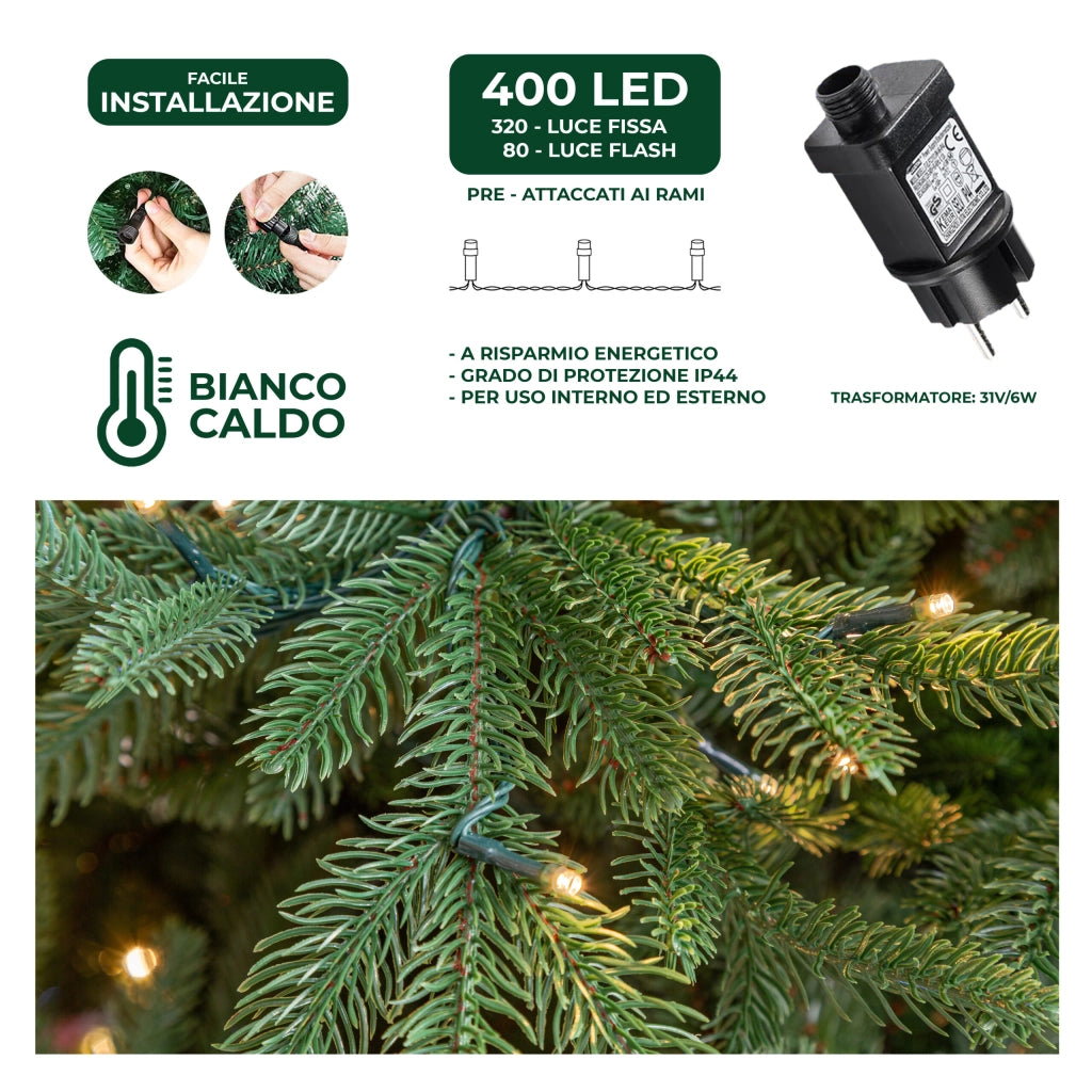 Albero di Natale Artificiale Verde Le Stelle Sestriere H 180cm x L 145cm Super Folto con 400 Luci Led + 20 Luci Flash Incorporate 1972 Rami