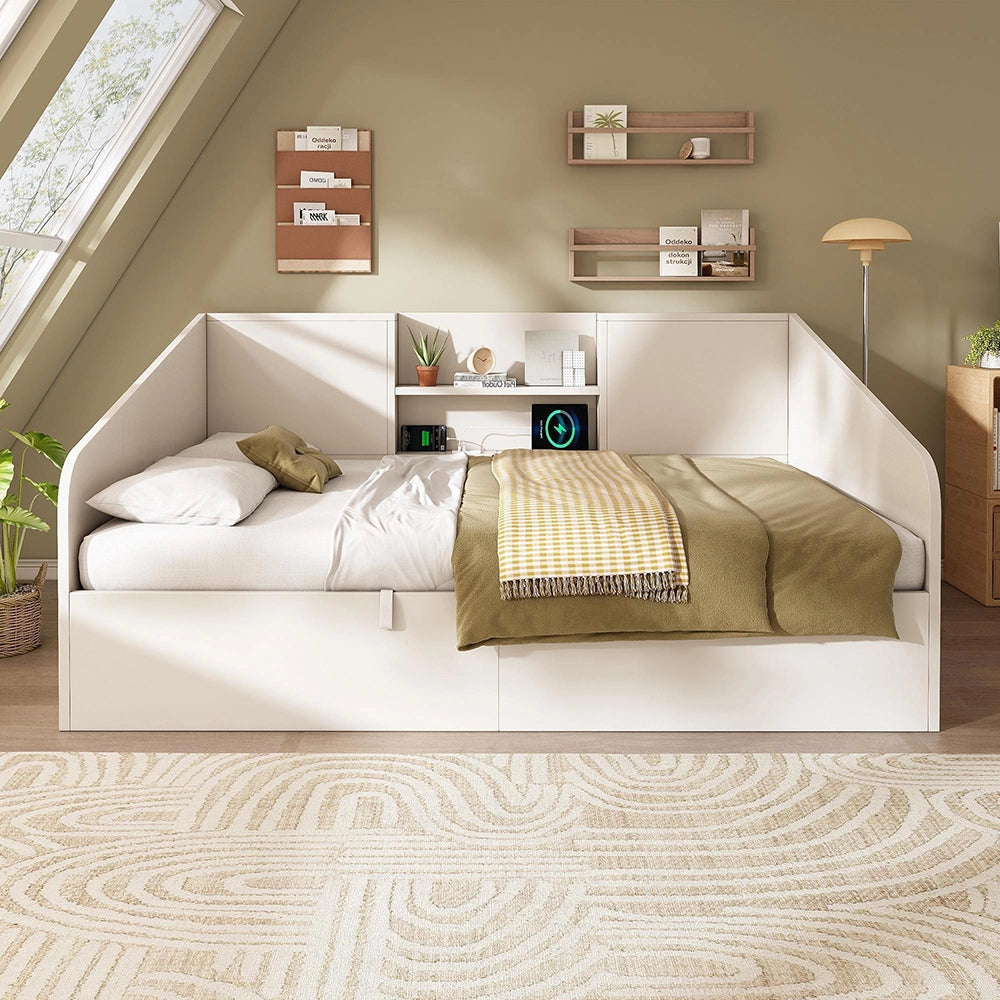 Letto giorno-Xylo-90x190cm legno 2 ripiani USB idraulico bianco senza materasso