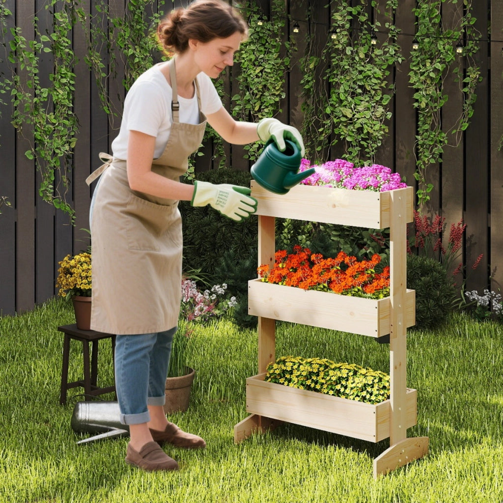 Letto da giardino rialzato per piante da interno e esterno per fiori verdure erbe, Letto da giardino rialzato a 3 livelli Naturale-Fioriere