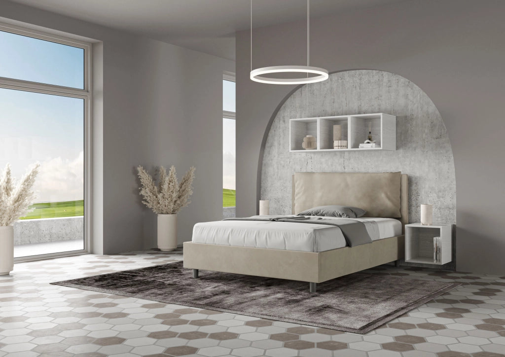 BS COM Letto matrimoniale francese contenitore imbottito 140x210 microfibra sabbia Large