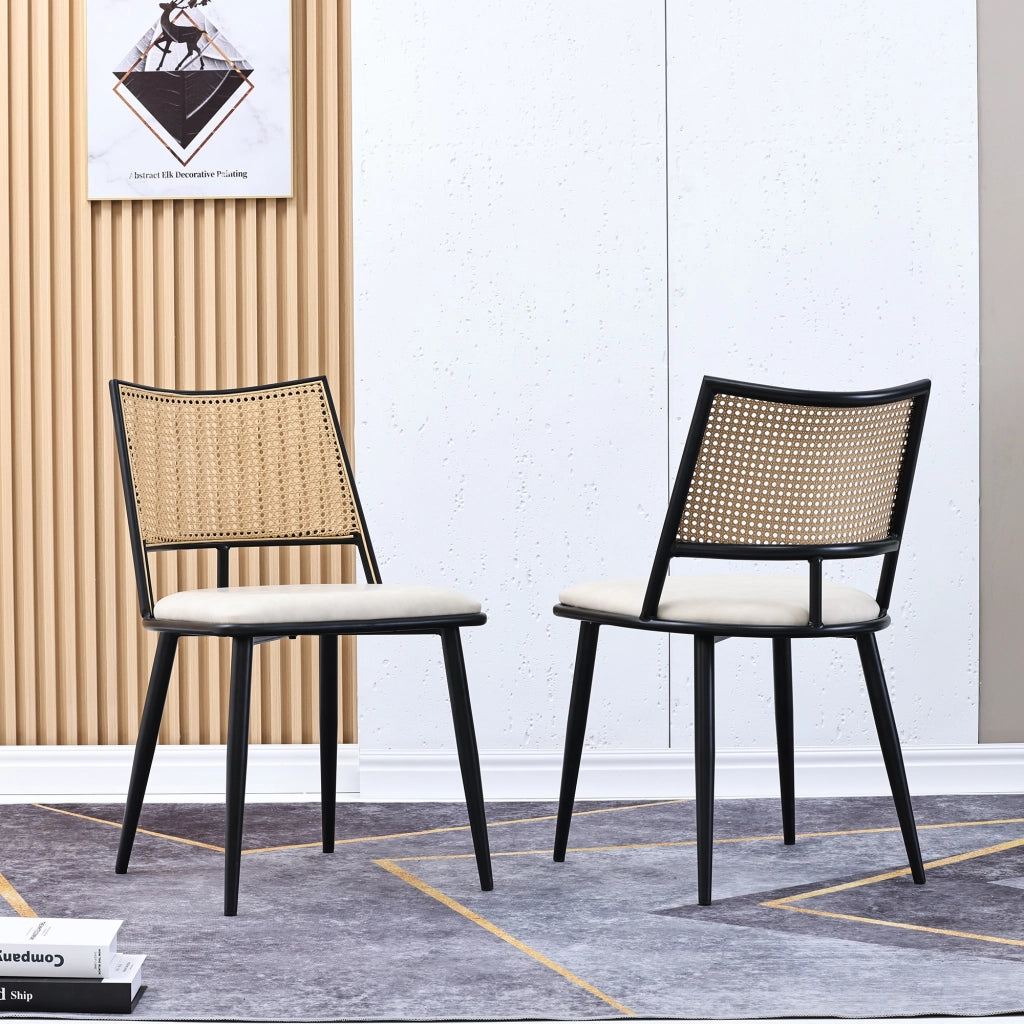 Sedia da pranzo 4 pezzi con seduta in PU, schienale in rattan, struttura in metallo, Nero