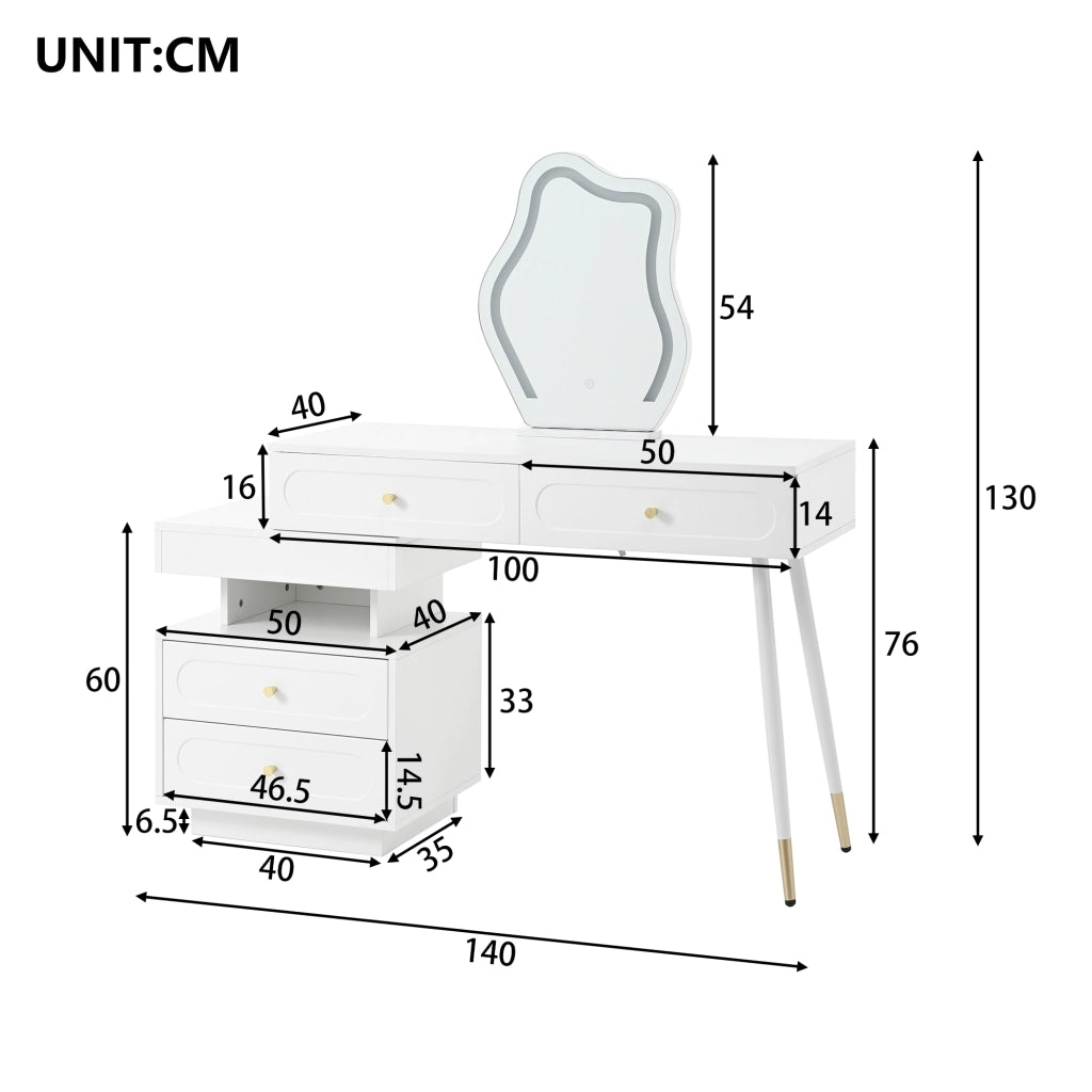 Tavolo Trucco con Specchio LED e Cassetti ¨C MINIMAL ¨C Bianco, 140x40x130 cm