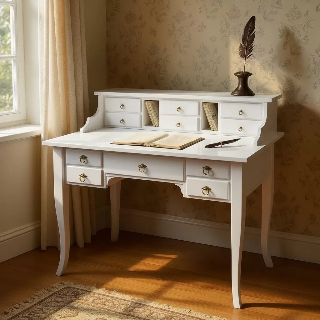 Scrivania 11 cassetti shabby legno bianco 120x57x104 - Mobili 2G
