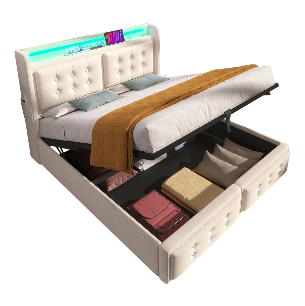 Letto imbottito 140x200 con testiera LED, prese e contenitore