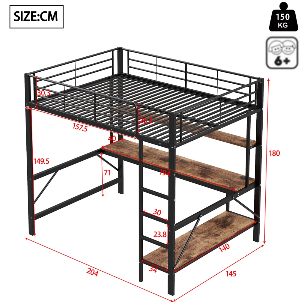 LETTO a soppalco 140x200 cm Metallo Nero con scrivania, ripiani, LED, USB