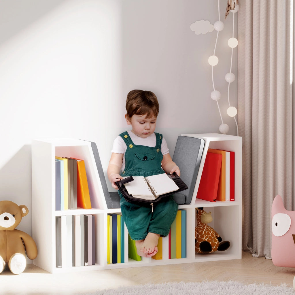 Libreria con Banco e Cuscino ¨C Minimal ¨C Bianco e Grigio 102x30x61cm