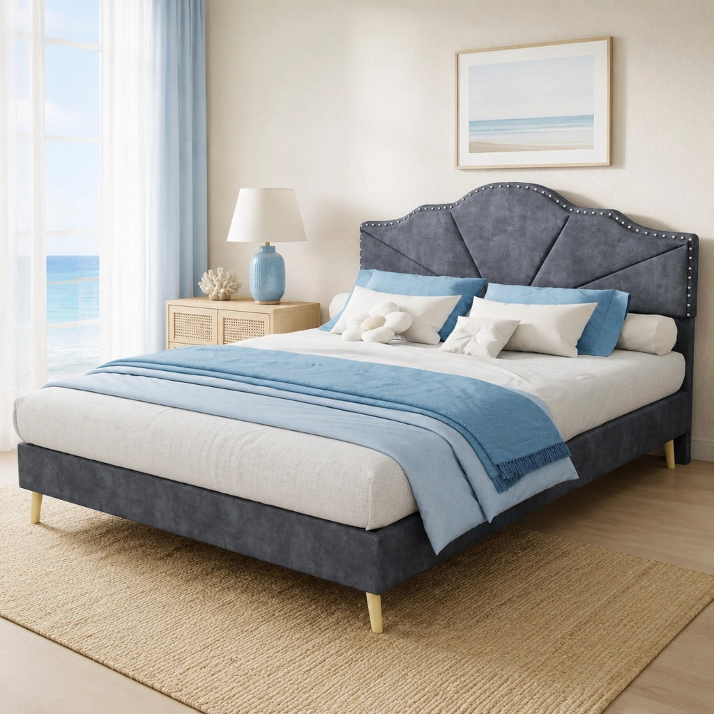 DESMIU Letto 140 × 200 cm 2 posti con testiera geometrica, senza materasso, in tessuto e metallo, grigio