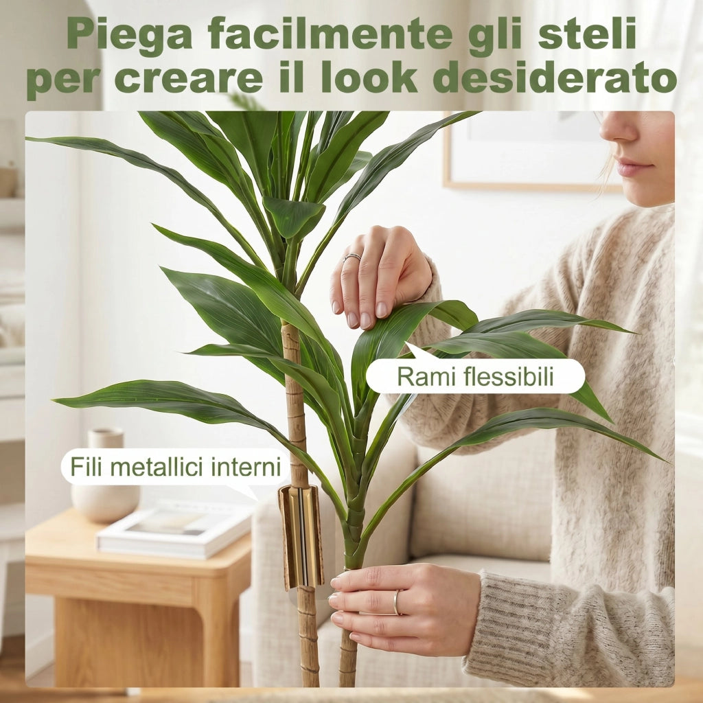 Pianta Artificiale di Cordilinea con 29 Foglie in PEVA Vaso Nero Riempito in Cemento Effetto Muschio Verde