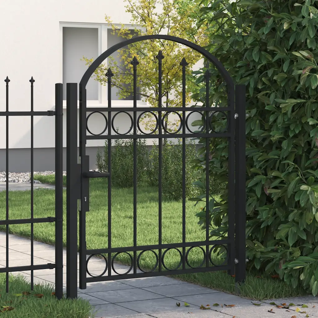 Cancello per recinzione Assen con parte superiore ad arco in acciaio 102x125 cm Nero 143085