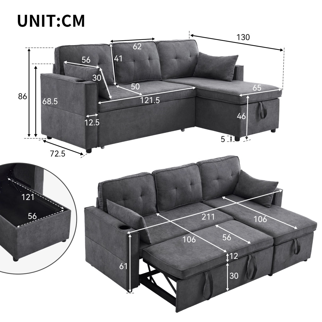 Divano Angolare Letto 3 Posti con Contenitore, Chaise Longue Reversibile, Tasche e Portabicchieri in Cotone Lino Grigio 211 × 130 × 86 cm