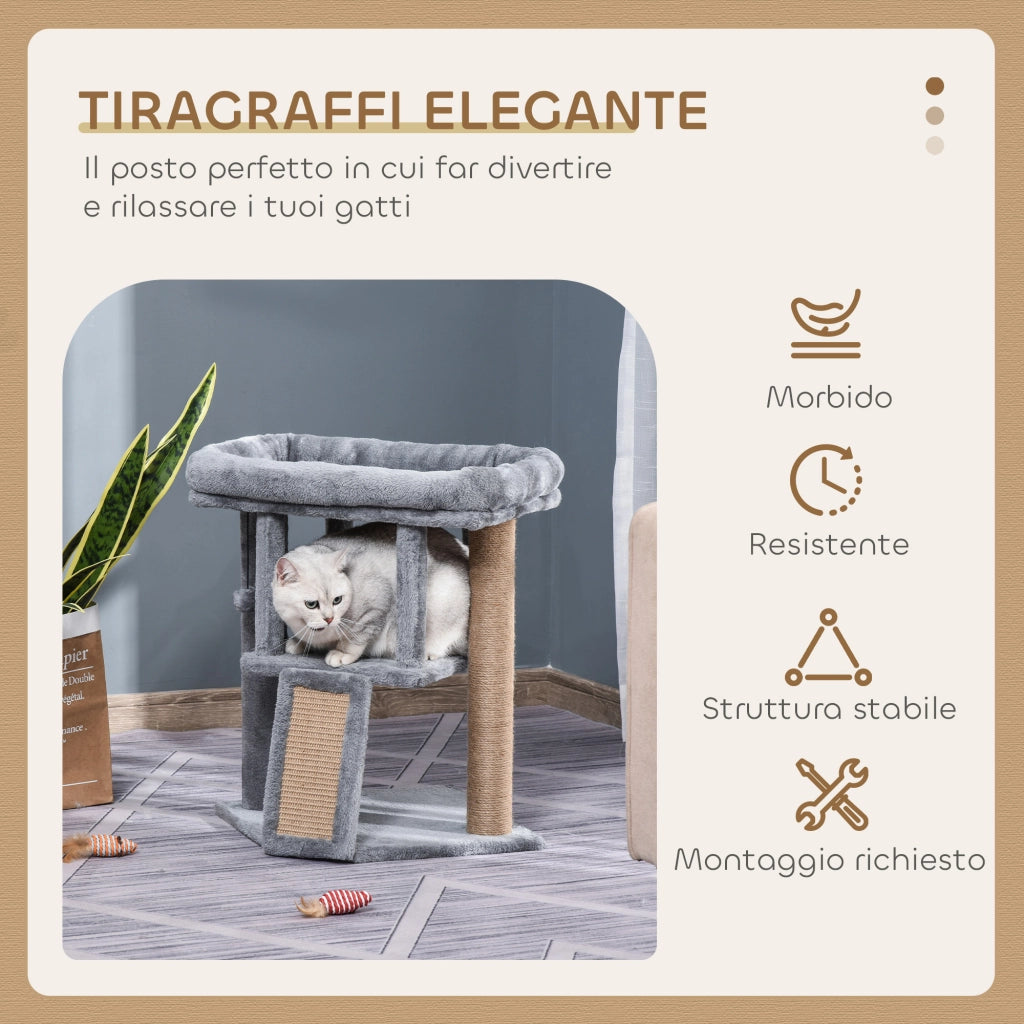 Albero Tiragraffi con Lettino e Casetta in Peluche 40x40x57 cm Tiragraffi in Juta Grigio