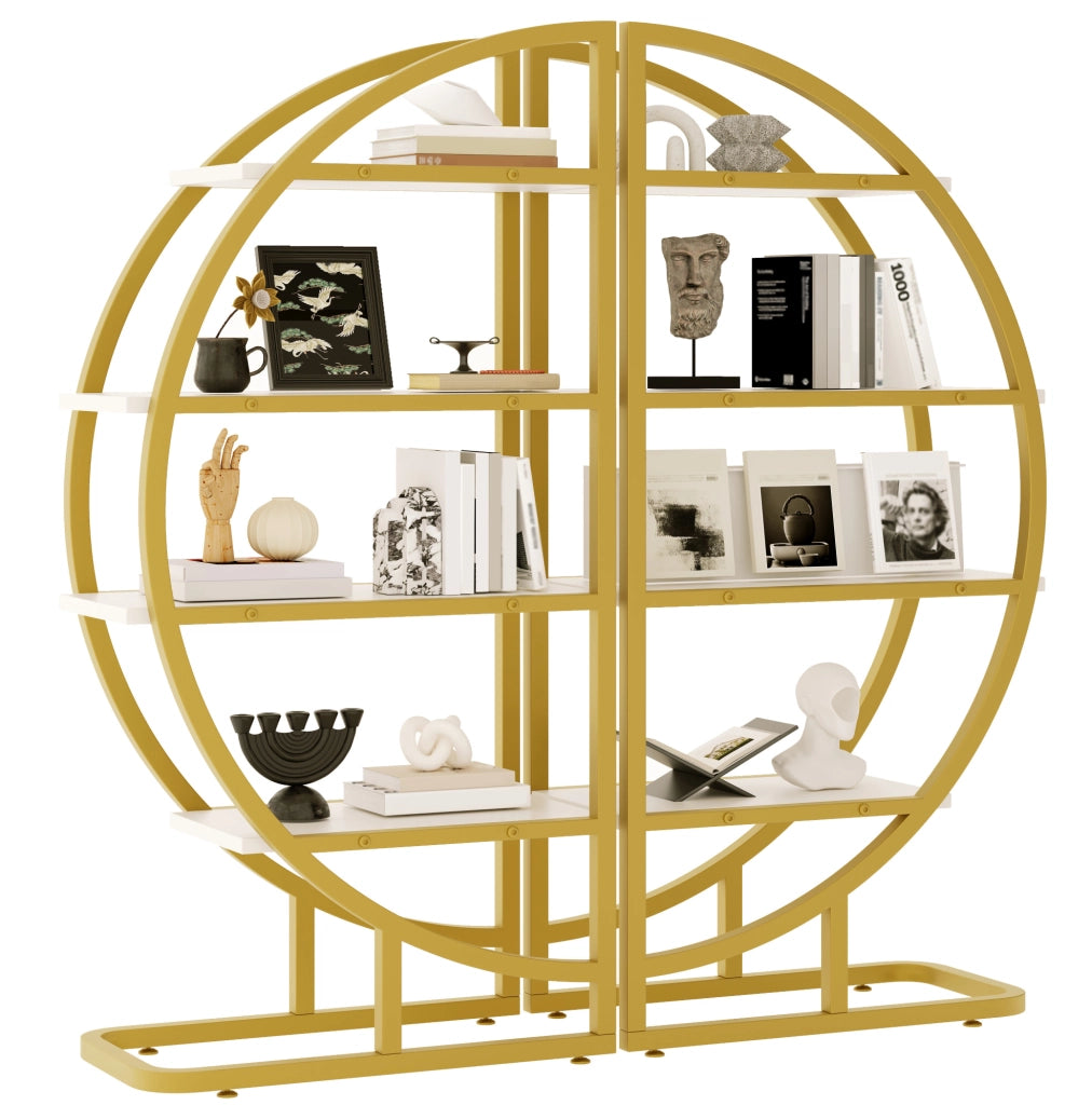 Libreria 120x30x130 cm modulare ad arco; 2 pezzi in MDF e acciaio oro e bianco