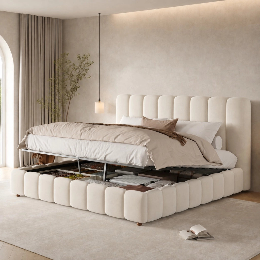 Letto matrimoniale 160 x 200 cm, testiera imbottita, vano portaoggetti, rivestimento in velluto, color beige