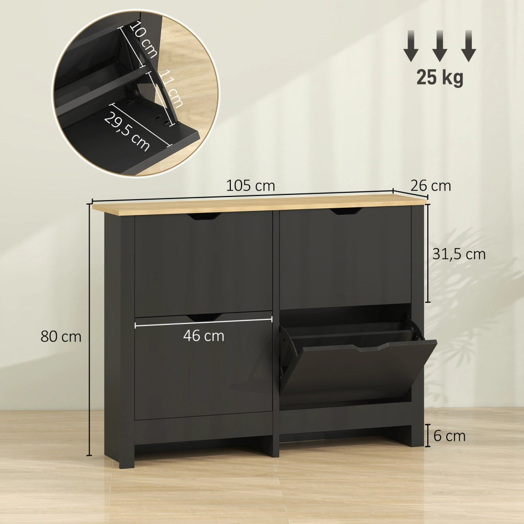 Scarpiera 16 paia con 4 cassetti e ripiani regolabili ¨C Minimal ¨C Nero e legno naturale