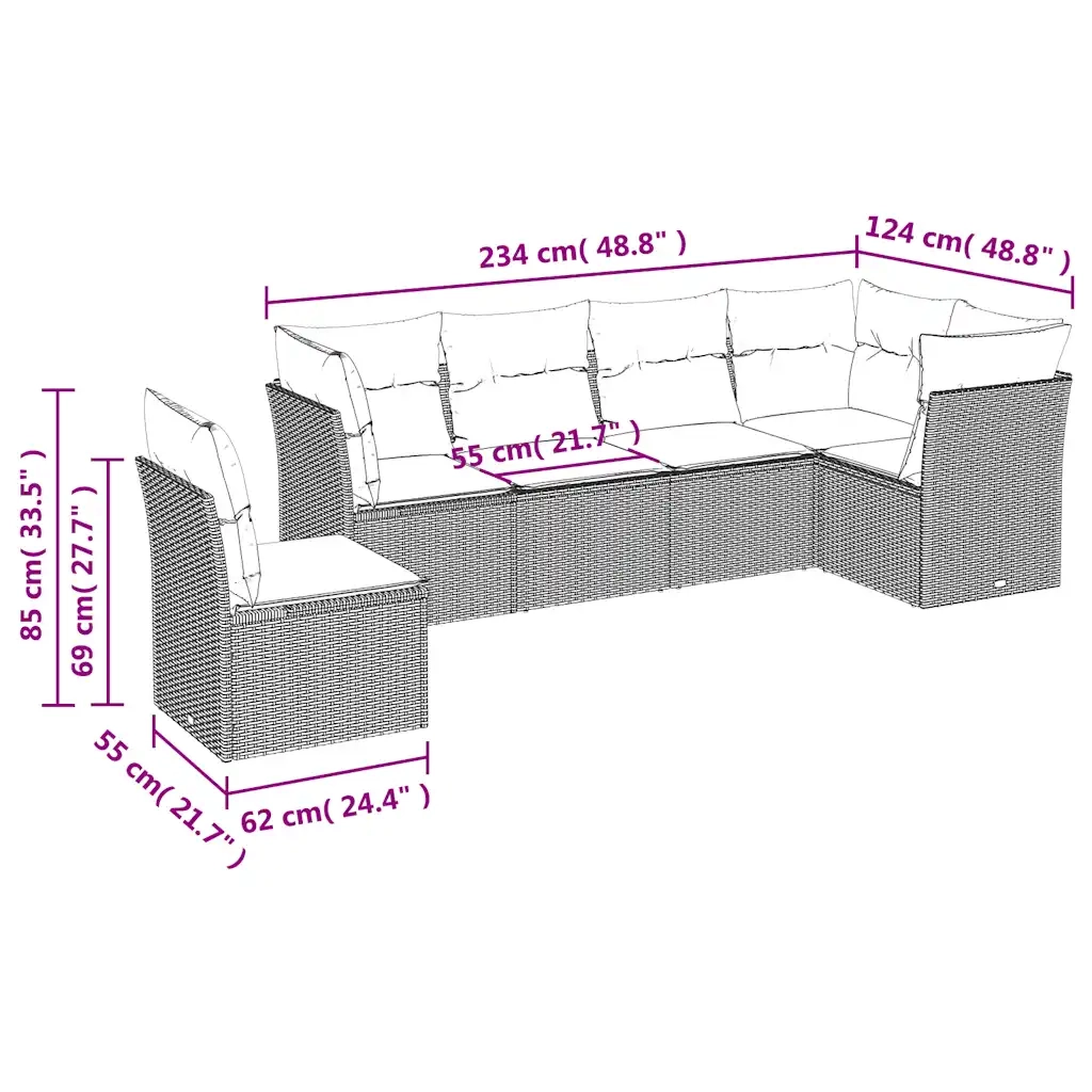 Set Divano da Giardino 7pz con Cuscini Marrone in Polyrattan