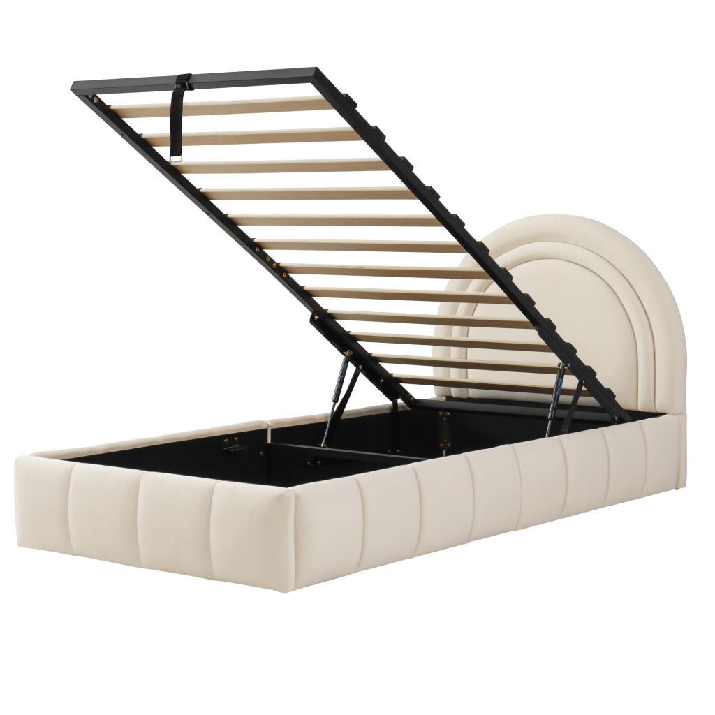 Letto contenitore per bambini 90×200 cm; letto singolo con apertura idraulica e testiera imbottita; senza materasso; beige